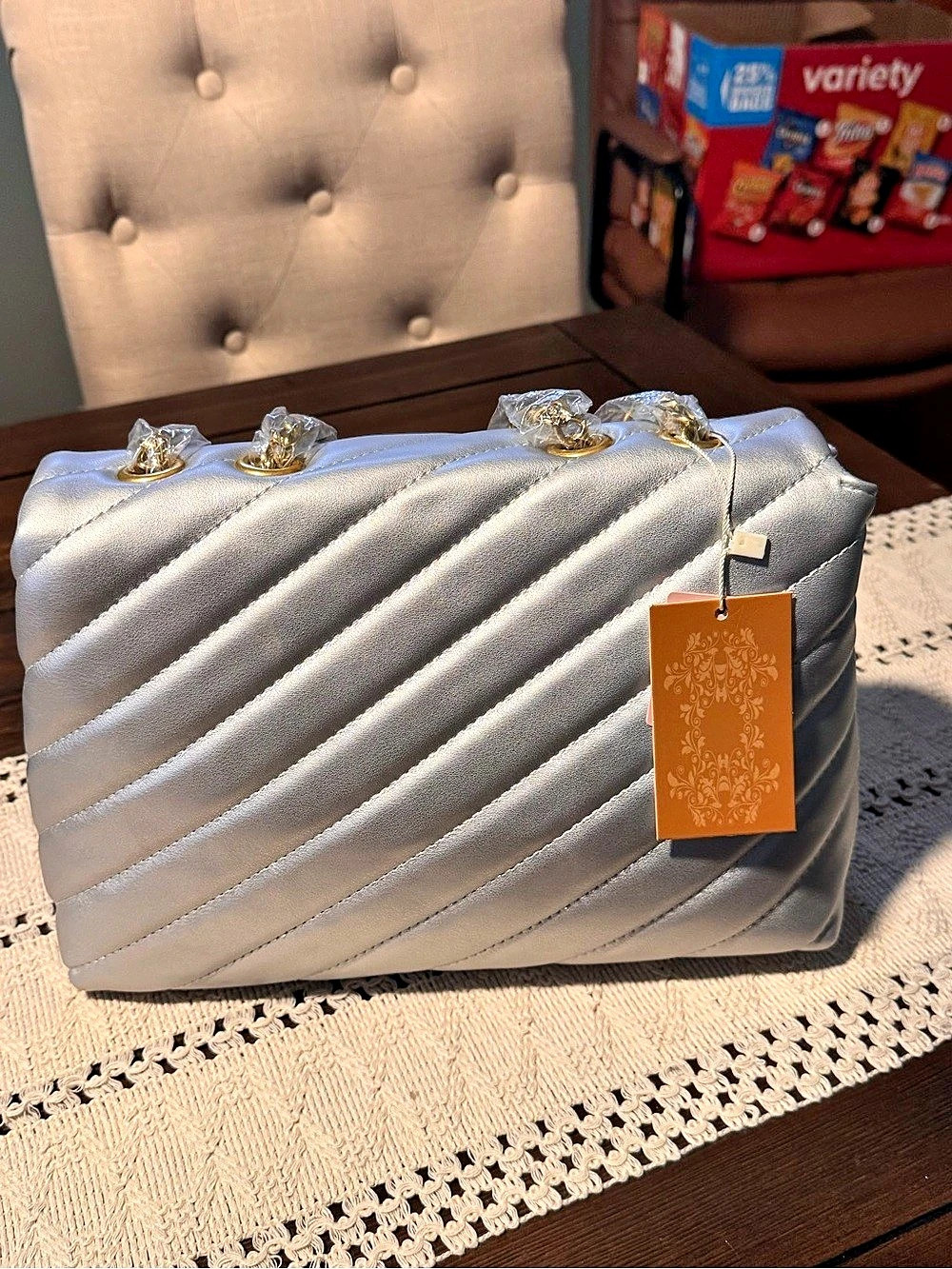 Metallic Silver Quilted Shoulder/Crossbody Bag — Gold Chain Strap-NWT